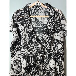 Notations Woman Black White Floral Ruffle V-Neck Sheer Blouse 2X Plus Size Top